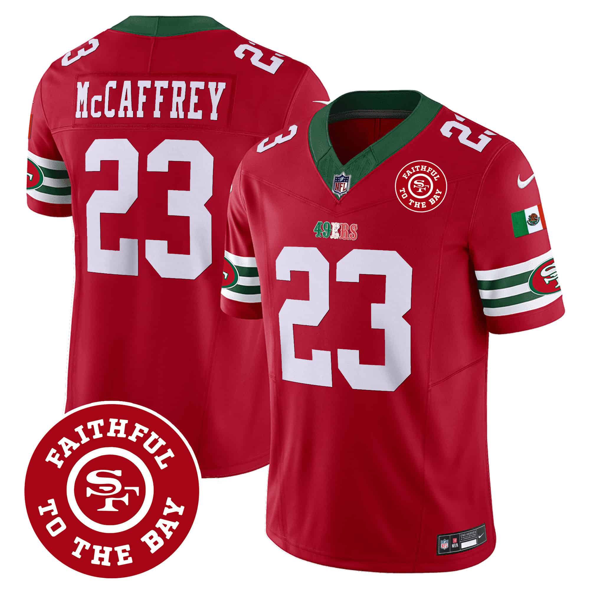 Men San Francisco 49ers 23 Mccaffrey Red 2024 Nike Mexico Faithful To The Bay Patch Vapor NFL Jersey